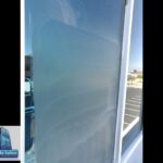 Las Vegas Scratched Glass Repair - Commercial Office Bldg First step to fix glass scratches, sand the window until smooth, removing all scratches. Even in Las Vegas, NV.