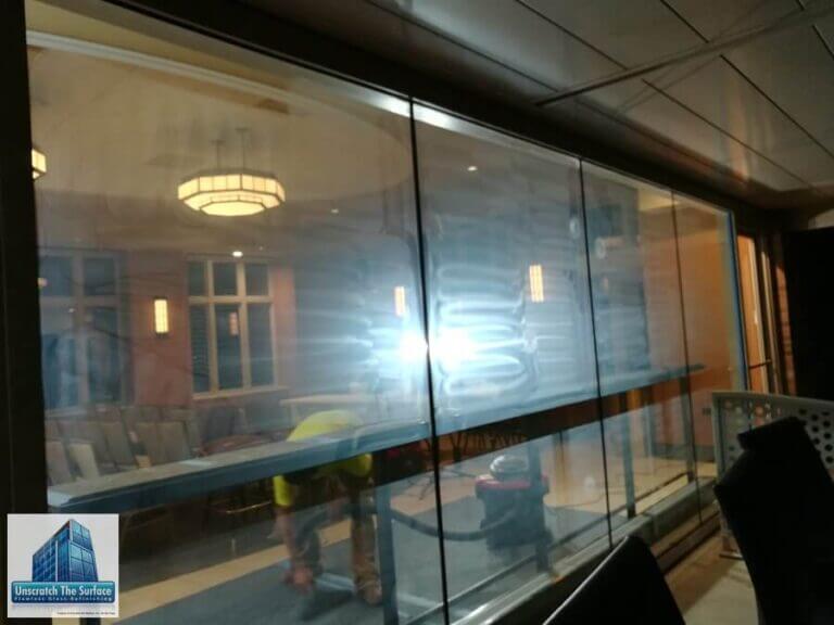 Scratched Curtainwall Resurfacing Notre Dame Football Stadium curtainwall resurfacing tempered at Notre Dame. South Bend, IN - nightime work