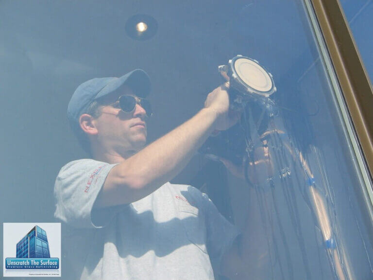 Getty Villa Glass Scratch Removal | The Job That Started It All | Malibu CA Getty Villa Malibu CA - polishing scratched glass old school with SRP Novus machine 2005