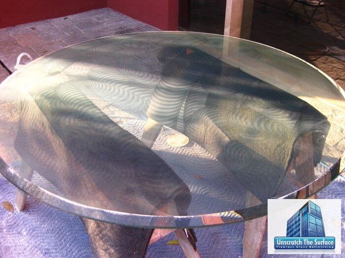 Scratched Glass Table Resurfacing Step one is to remove all scratches from glass table top before polishing. Bel Air, CA