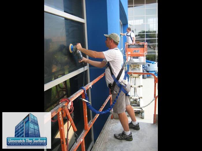 Rick Evans fixing widespread scratched glass. Biloxi, MS