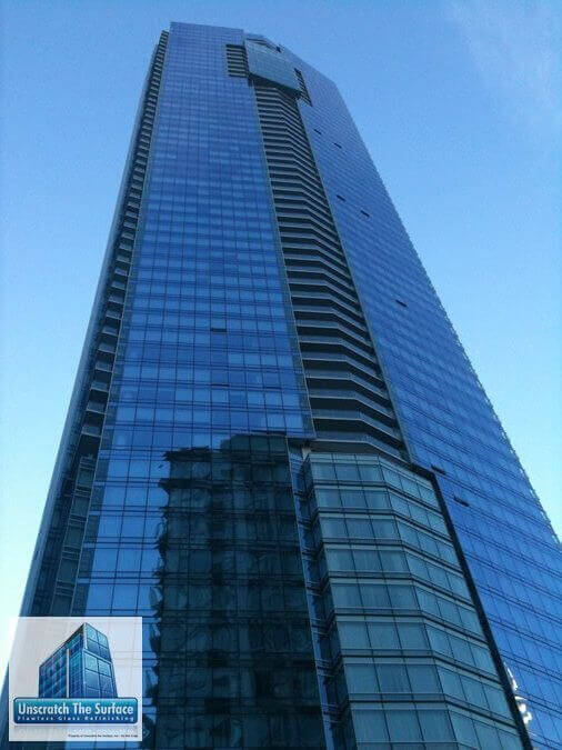 Glass Scratch Removal Toronto Canada - Commercial High-rise Shangri-La Toronto glass scratch removal - 66 storey luxury tower viewed from street level