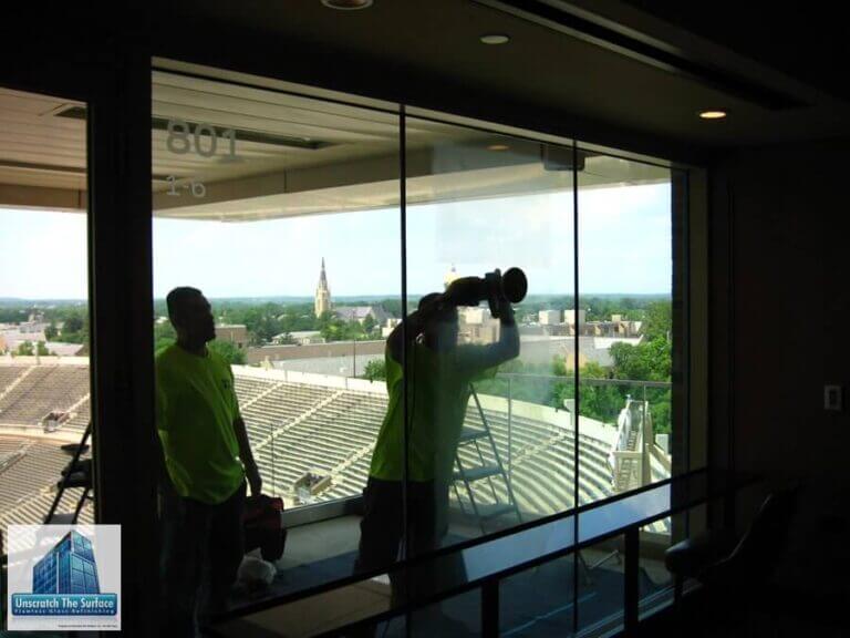 Scratched Curtainwall Resurfacing Notre Dame Football Stadium Training local guys - curtainwall resurfacing tempered at Notre Dame. South Bend, IN