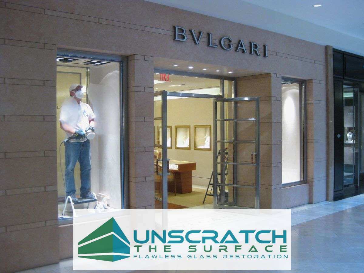 Glass scratch remover at Bulgari store. South Coast Plaza, Orange County, CA.