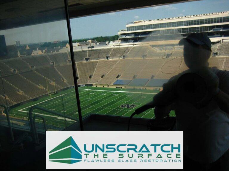 Scratched Curtainwall Resurfacing Notre Dame Football Stadium View of ND football field thru scratched glass in South Bend, IN.