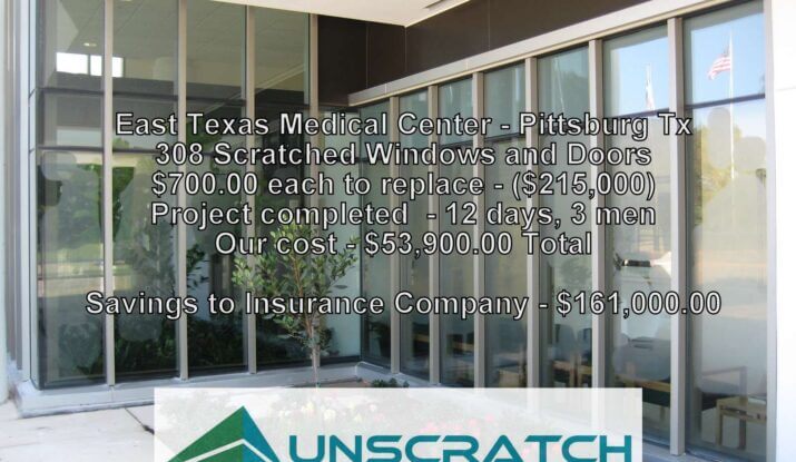 Pittsburg TX glass scratch repair case study - saved $161K vs replacement 308 panels