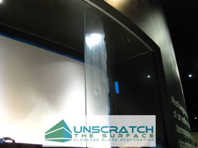 Curved Glass Scratch Removal Los Angeles CA Closeup of glass scratches after dry grinding.